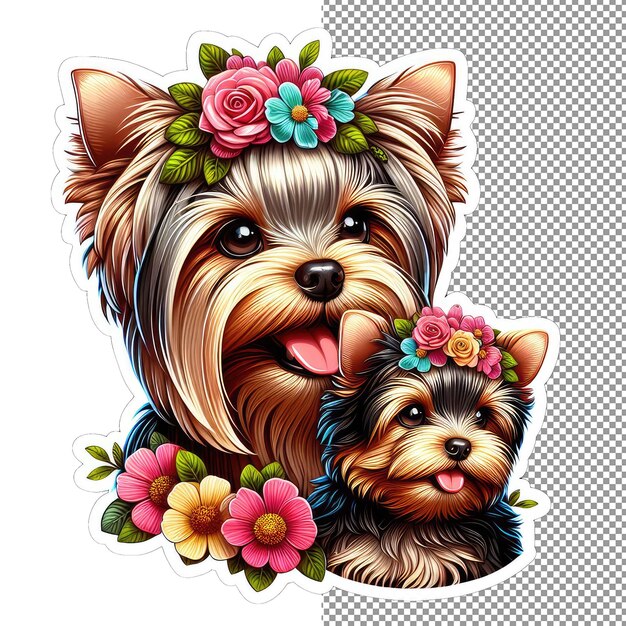 PSD floral bond dog moeder en zoon in blossoms sticker