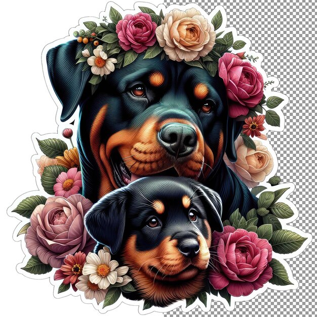 PSD Собака-мать и сын в цветочной наклейке