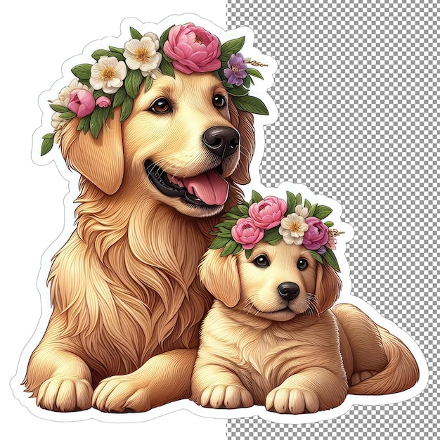 PSD floral bond dog mother and son in blossoms sticker