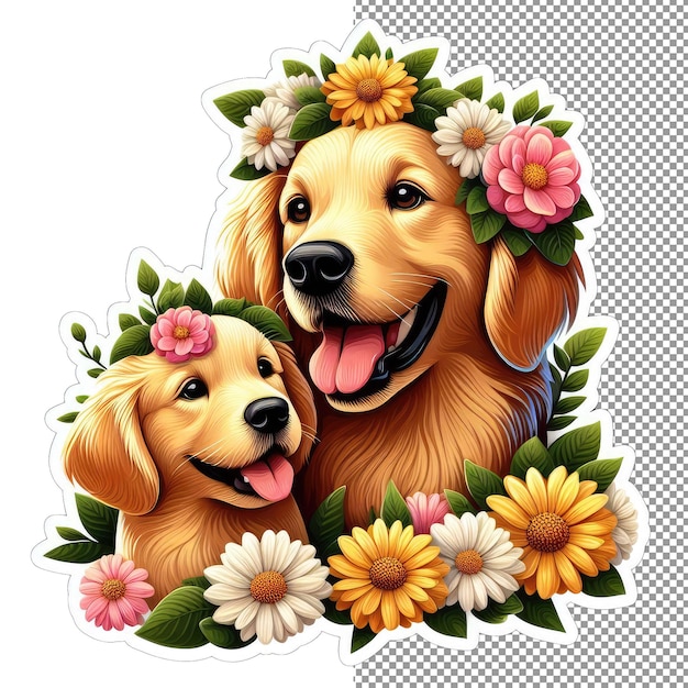 PSD floral bond dog mother and son in blossoms sticker