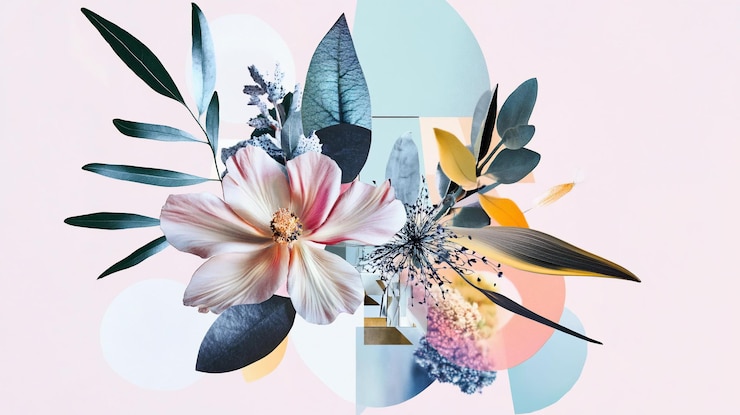 PSD floral collage design with pastel colors and geometric shapes