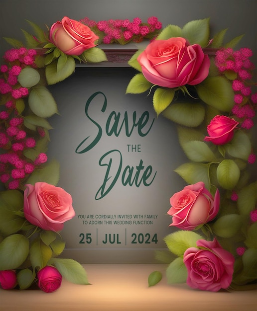 Floral Elegance Wedding Invitation met Rose Border en Classic TypographyRomantische Rozen Nachthemel
