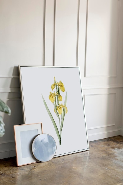 PSD floral frame mockup against a white wall