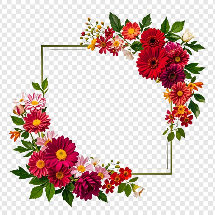 PSD floral frame with pink roses and gold border on a transparent background