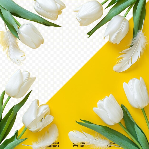 PSD floral frame with white tulips and bird feathers on yellow isolated background flat lay top view floral frame isolated background