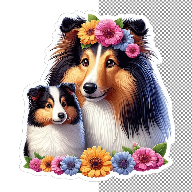 PSD floral fur family mother dog with playful pup sticker