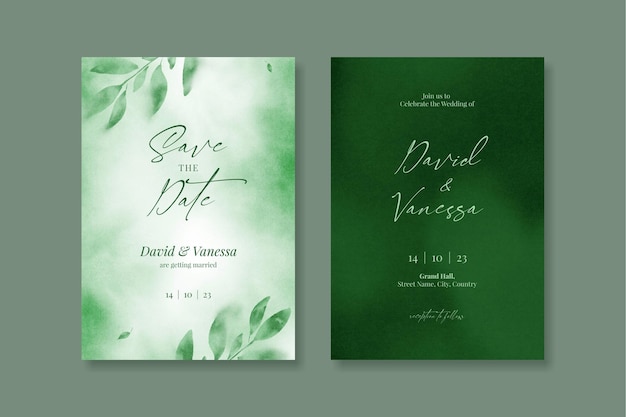 PSD floral green wedding stationery template design with watercolor texture