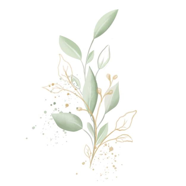 葉と金色のペイントを施した花のイラスト。