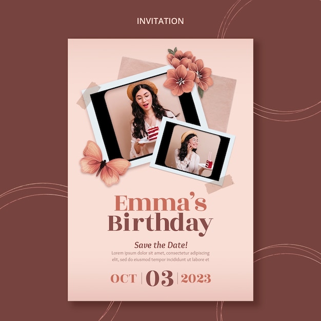 PSD floral invitation template for birthday celebration