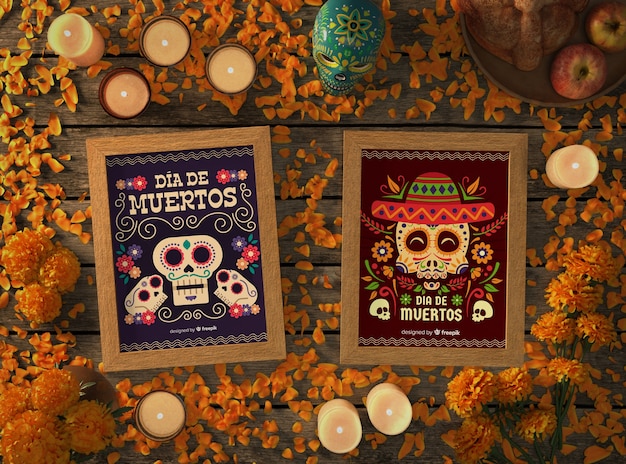 PSD floral mexican skull mock-ups with festive elements