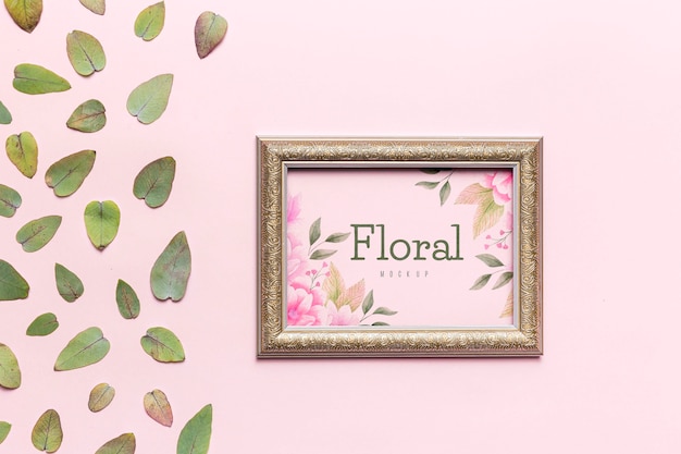 PSD floral mock-up with leaves and frame