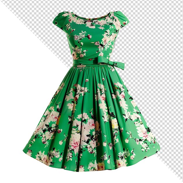 PSD floral patterned retro green dress isolated on transparent background png