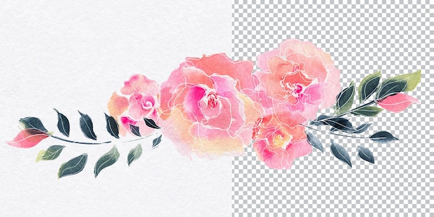 PSD 花のバラの花輪。バラの花と柳の枝の水彩画の構成