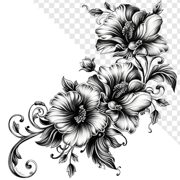 Floral style tattoo art with feminine black shading