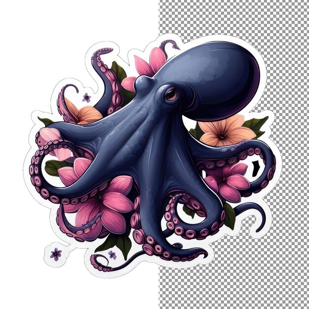 PSD floral tentacles cute octopus in blossoms sticker