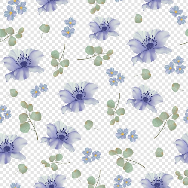 PSD 花の水彩画の花のパターン 青い花 ユーカリの葉