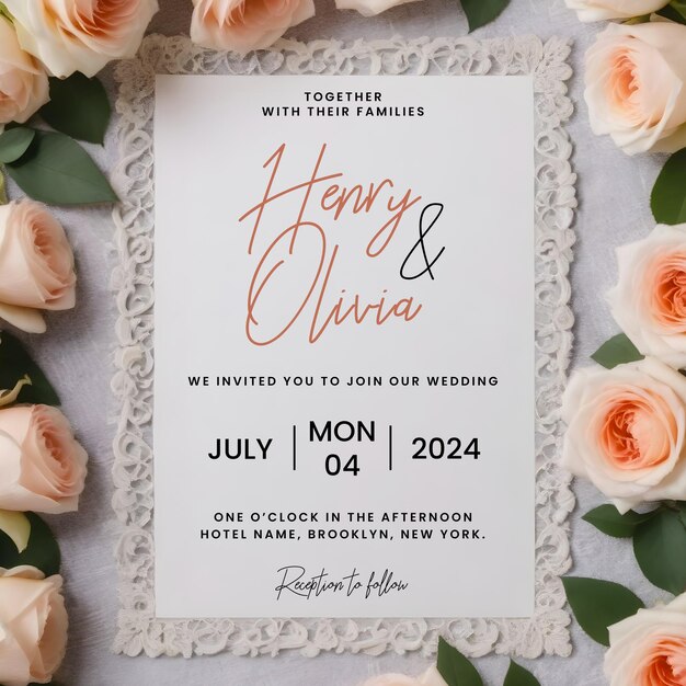 PSD floral wedding invitation card design with frame fully editable