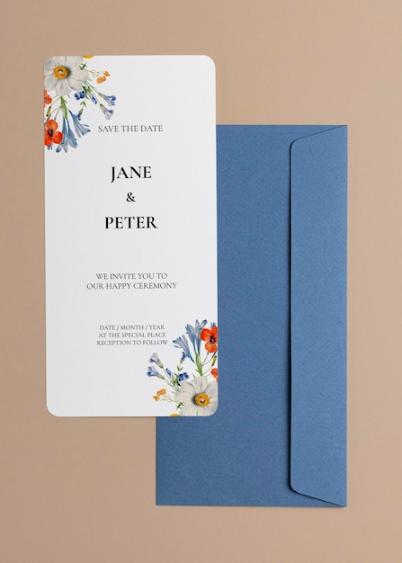 Floral wedding invitation card mockup psd aesthetic design blue envelope