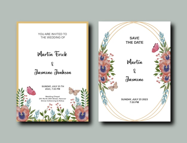 PSD floral wedding invitation card with butterfly set