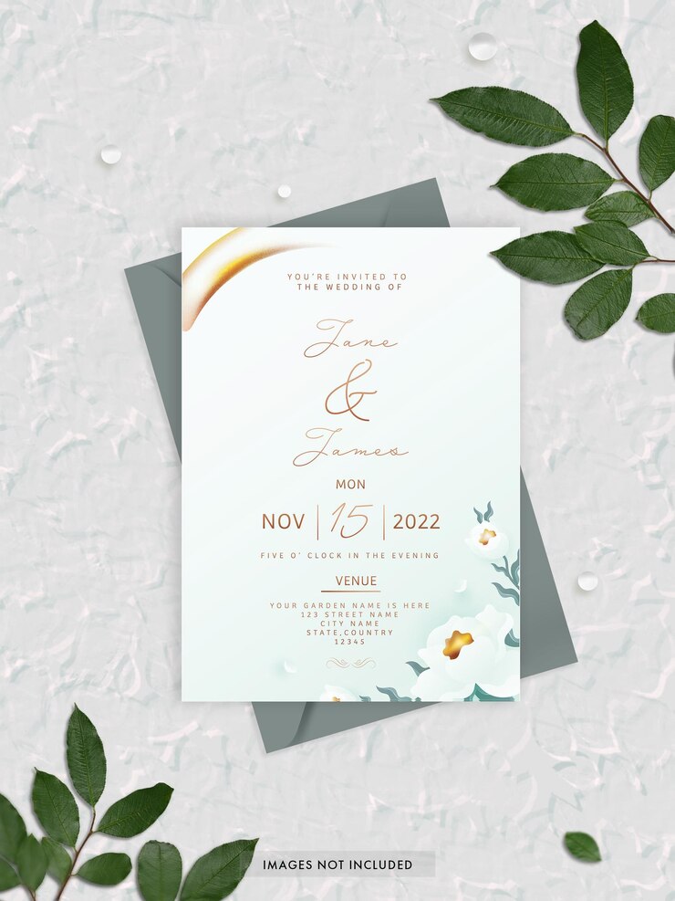 Floral Wedding Invitation Card With Envelope And Leaves Stem On Abstract Background