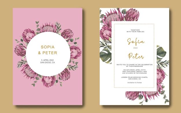 수채화 프로테아 꽃과 유칼립투스 잎이 있는 꽃 결혼식 초대 카드