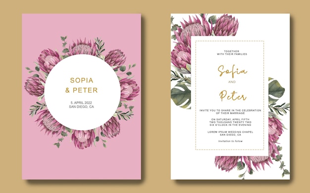 Floral wedding invitation card with watercolor protea flowers and eucalyptus leaves