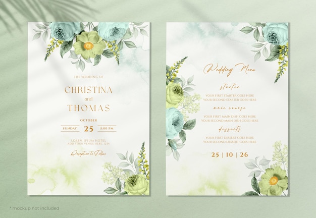 PSD floral wedding invitation and menu card template