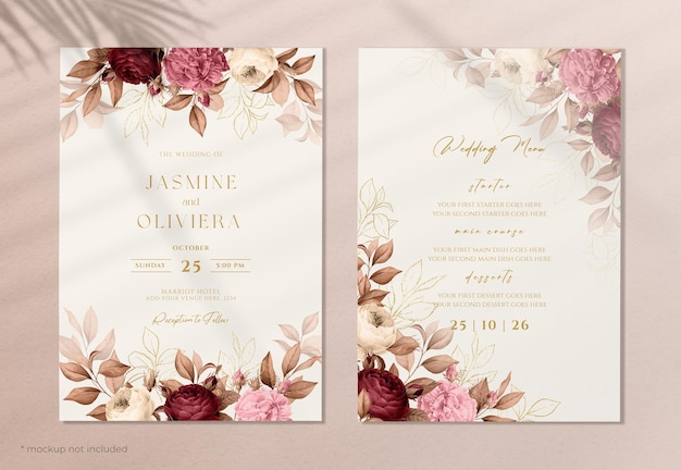 PSD的婚礼邀请和菜单模板集美丽的花和叶子装饰
