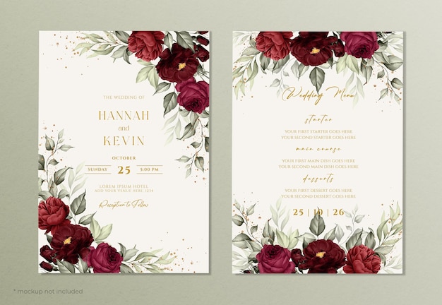 Floral wedding invitation and menu template with burgundy roses and leaves decoration