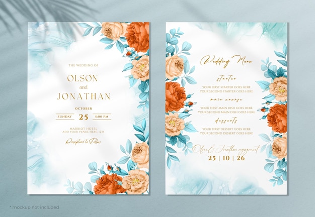 PSD floral wedding invitation and menu template