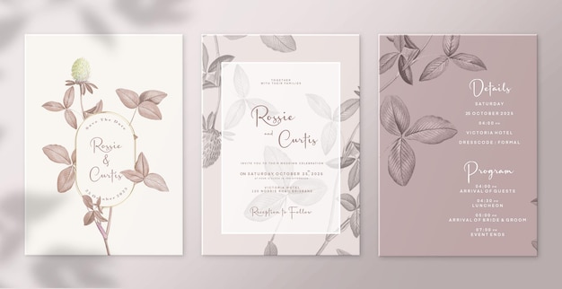 Floral Wedding Invitation Save the Date and Detail Card with Brown Leaves