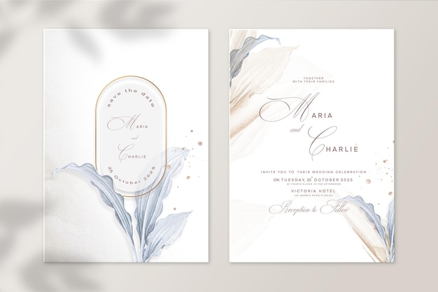 Floral wedding invitation and save the date with blue leaves