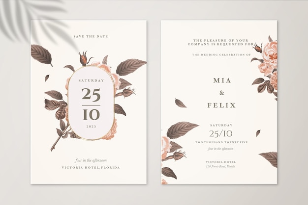 floral wedding invitation and save the date with brown leaves