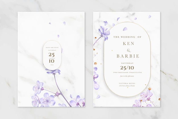 PSD floral wedding invitation and save the date with purple flower