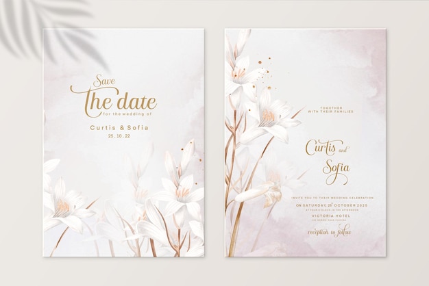 Floral wedding invitation and save the date with white flower