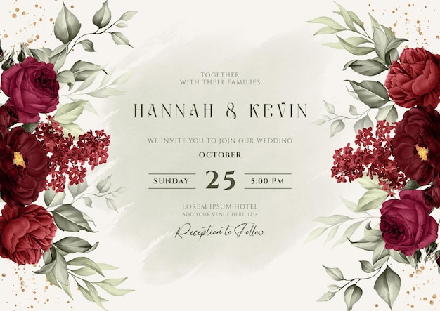 PSD floral wedding invitation template set with burgundy roses and leaves decoration