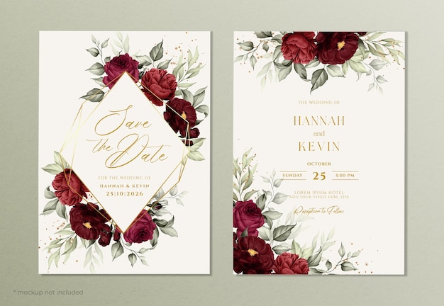 PSD floral wedding invitation template set with burgundy roses and leaves decoration