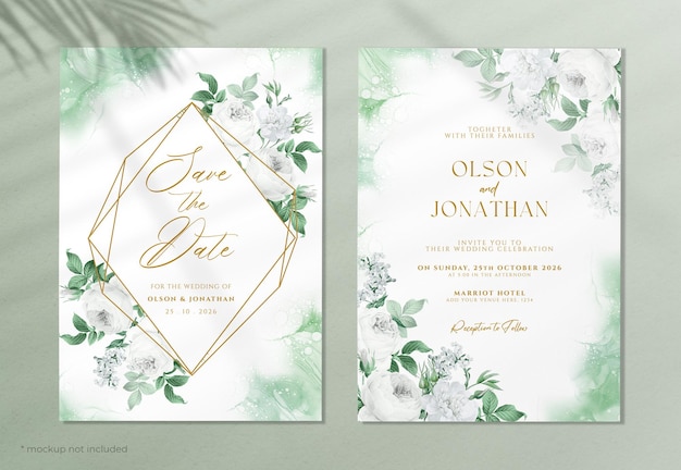 PSD 緑と白のテーマで設定された花の結婚式の招待状のテンプレート