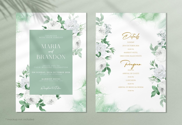 floral wedding invitation template set with green and white theme