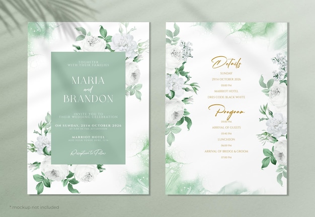 Floral wedding invitation template set with green and white theme