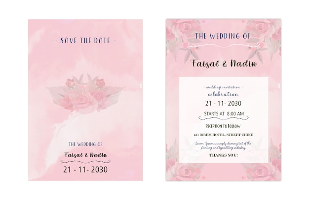 PSD ネイビーとピーチの水彩画のバラと葉の装飾psで設定された花の結婚式の招待状のテンプレート