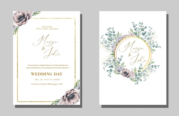 네이비와 복숭아 수채화 장미와 잎 Psd로 설정된 꽃 결혼식 초대장 템플릿