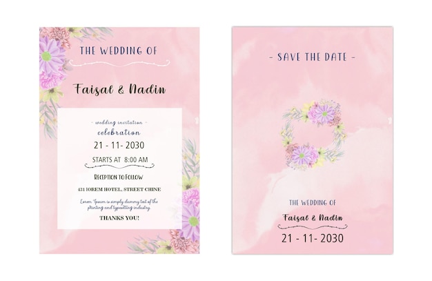 Floral wedding invitation template set with navy and peach watercolor roses and leaves decoration ps