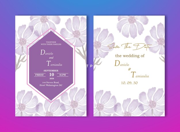 Floral wedding invitation template set with navy and peach watercolor roses and leaves psd