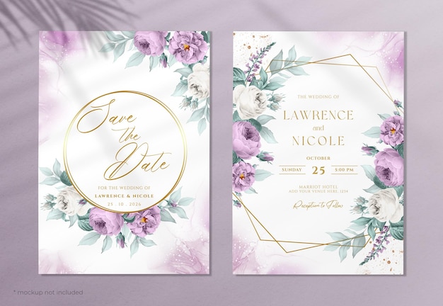 Floral wedding invitation template set with purple theme