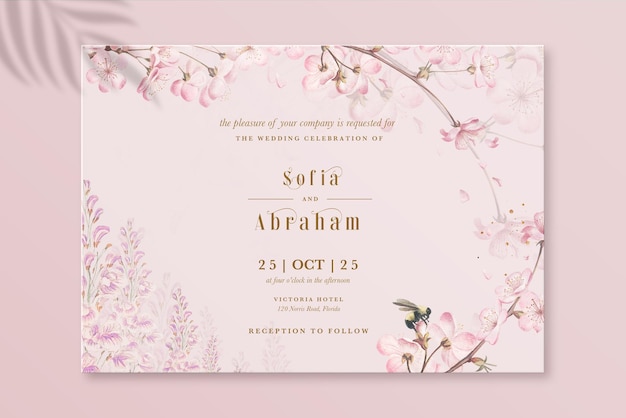Floral wedding invitation template with pink cherry blossom
