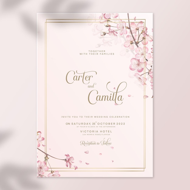 PSD floral wedding invitation template with pink sakura
