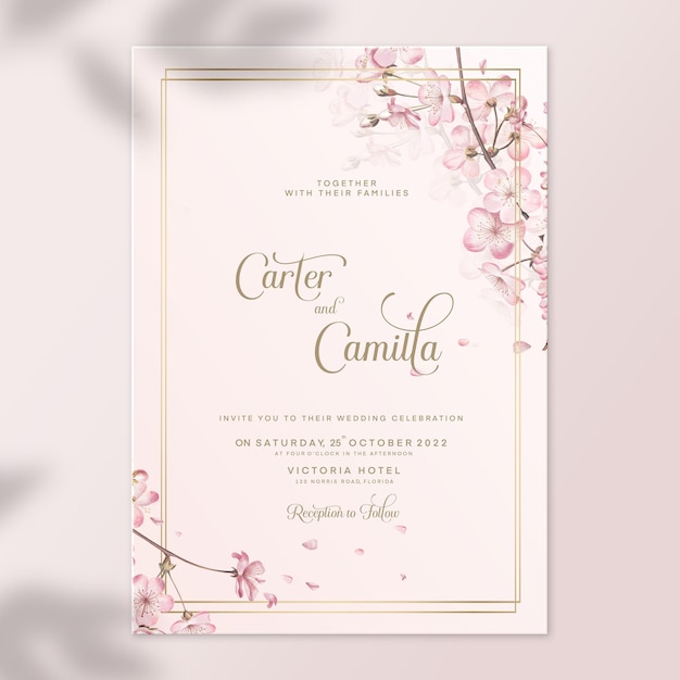 Floral wedding invitation template with pink sakura