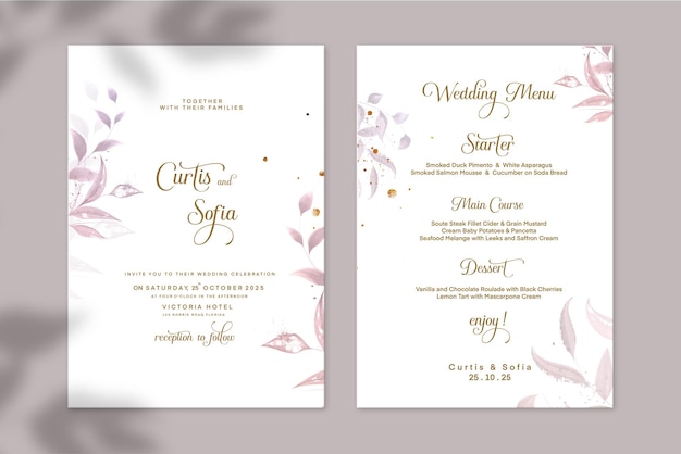 PSD floral wedding invitation and wedding menu with watercolor flower