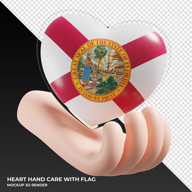PSD florida flag with heart hand care realistic 3d textured